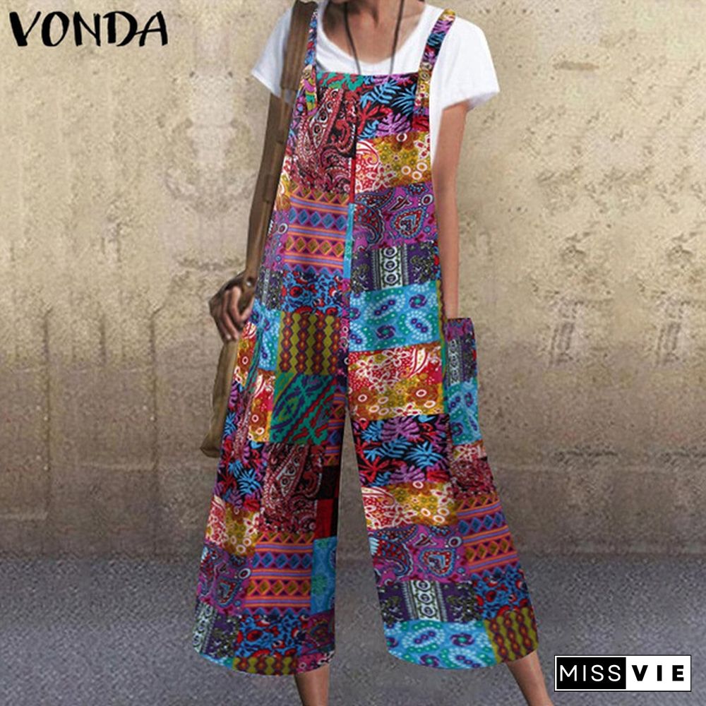 VONDA Women Sleeveless Floral Print Wide Leg Cotton Bib Pants Holiday Summer Party Jumpsuits Overalls Plus Size Dungarees Pants