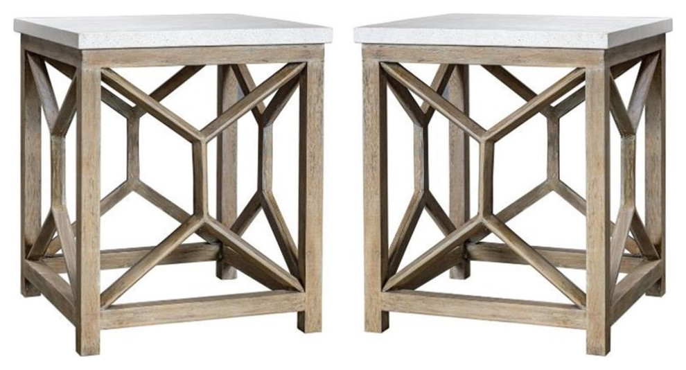 Home Square 22 quotSquare Stone Top End Table in Ivory and Oatmeal   Set of 2   Farmhouse   Side Tables And End Tables   by Homesquare  Houzz