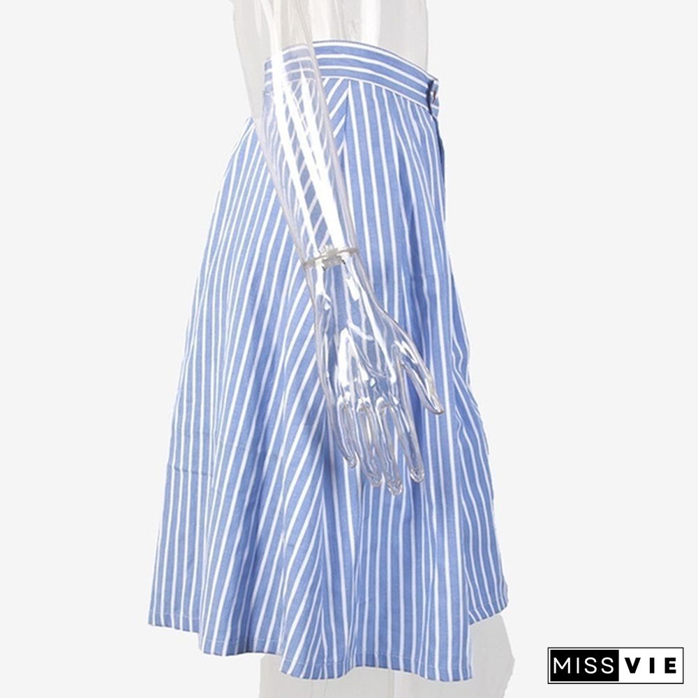 Women Striped A-Line Blue Single-Breasted Skirt Summer Cute Casual Knee-Length Skirts