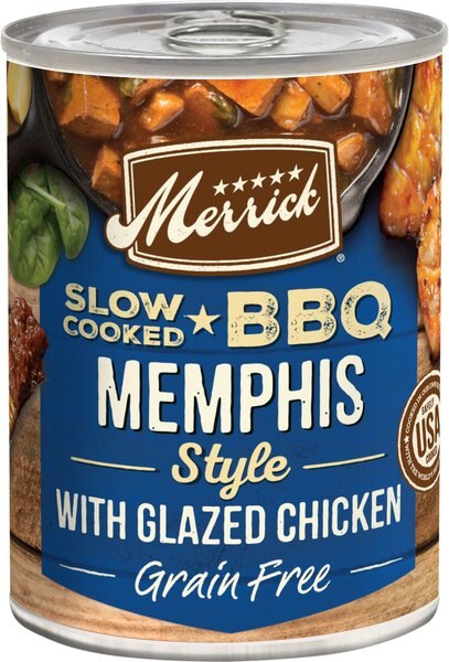 Merrick Slow-Cooked BBQ Memphis Style Glazed Chicken Recipe Grain-Free Canned Dog Food， 12.7-oz can， case of 12