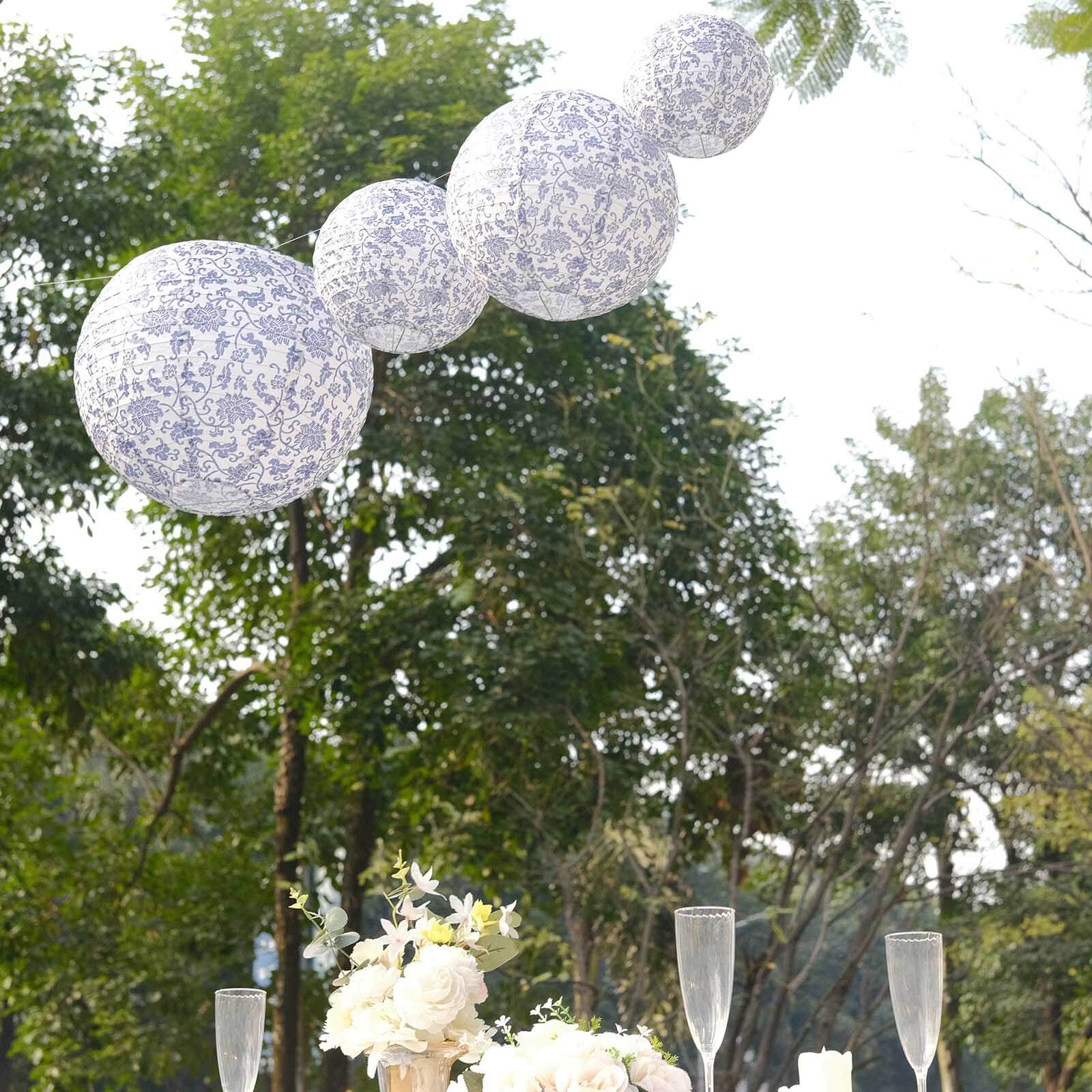 Set of 8 White Light Blue Hanging Paper Lanterns in French Toile Floral Pattern, Chinese Festival Lanterns - 6