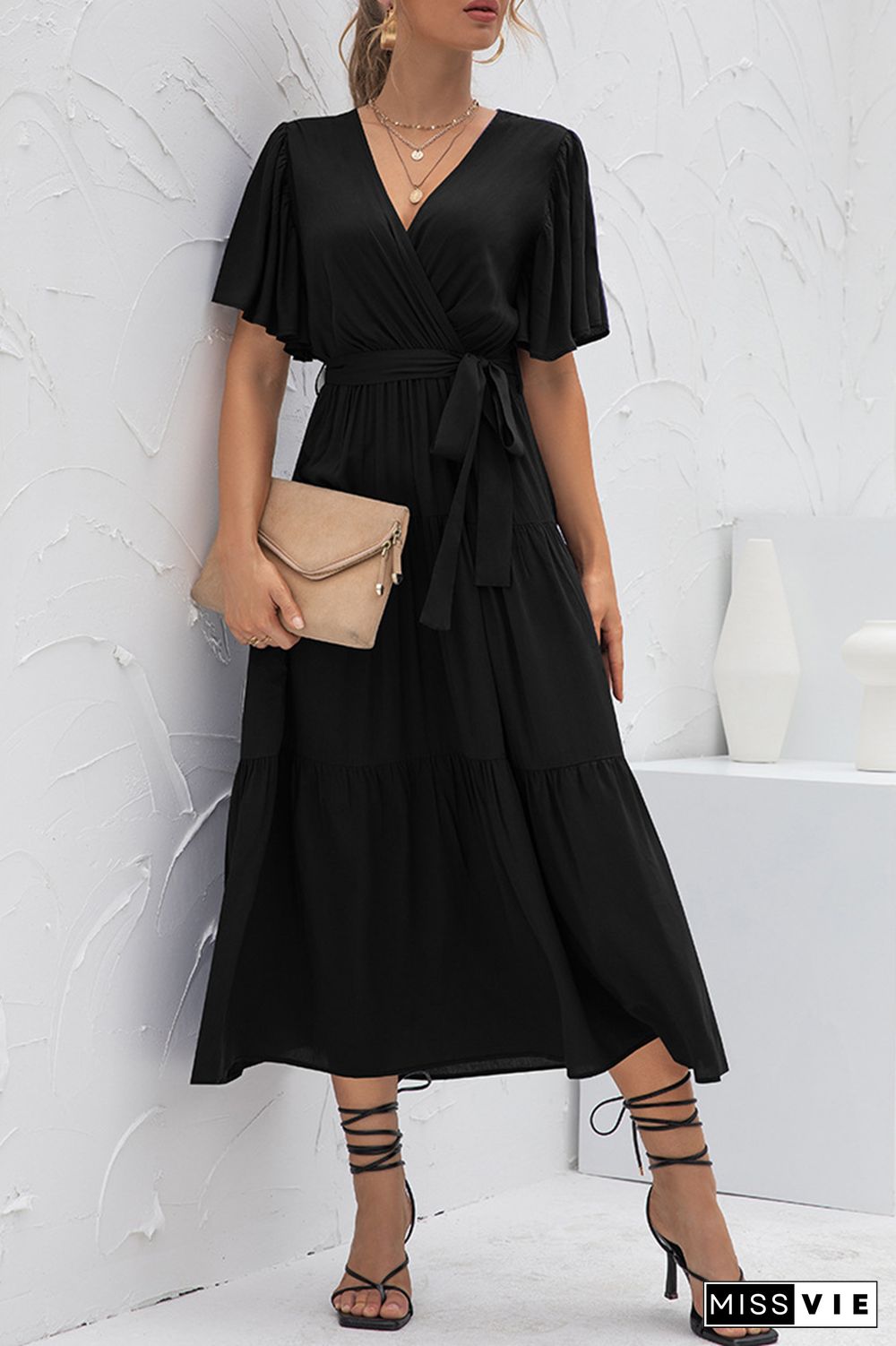 Elegant Solid Split Joint With Belt V Neck Cake Skirt Dresses