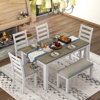 Harper  Bright Designs Rustic Style 6-Piece White Solid Wood Dining Set with 4-Upholstered Chairs and Bench XW033AAD