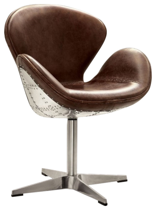 Benzara BM163615 Top Grain Leather Accent Chair with Swivel  Brown  ampSilver   Midcentury   Armchairs And Accent Chairs   by Benzara  Woodland Imprts  The Urban Port  Houzz