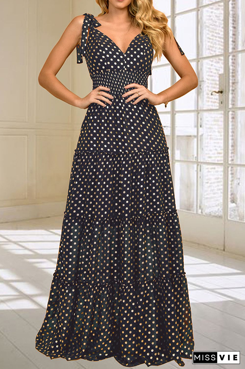 Polka Dot V Neck Sleeveless Long Dress Wholesale