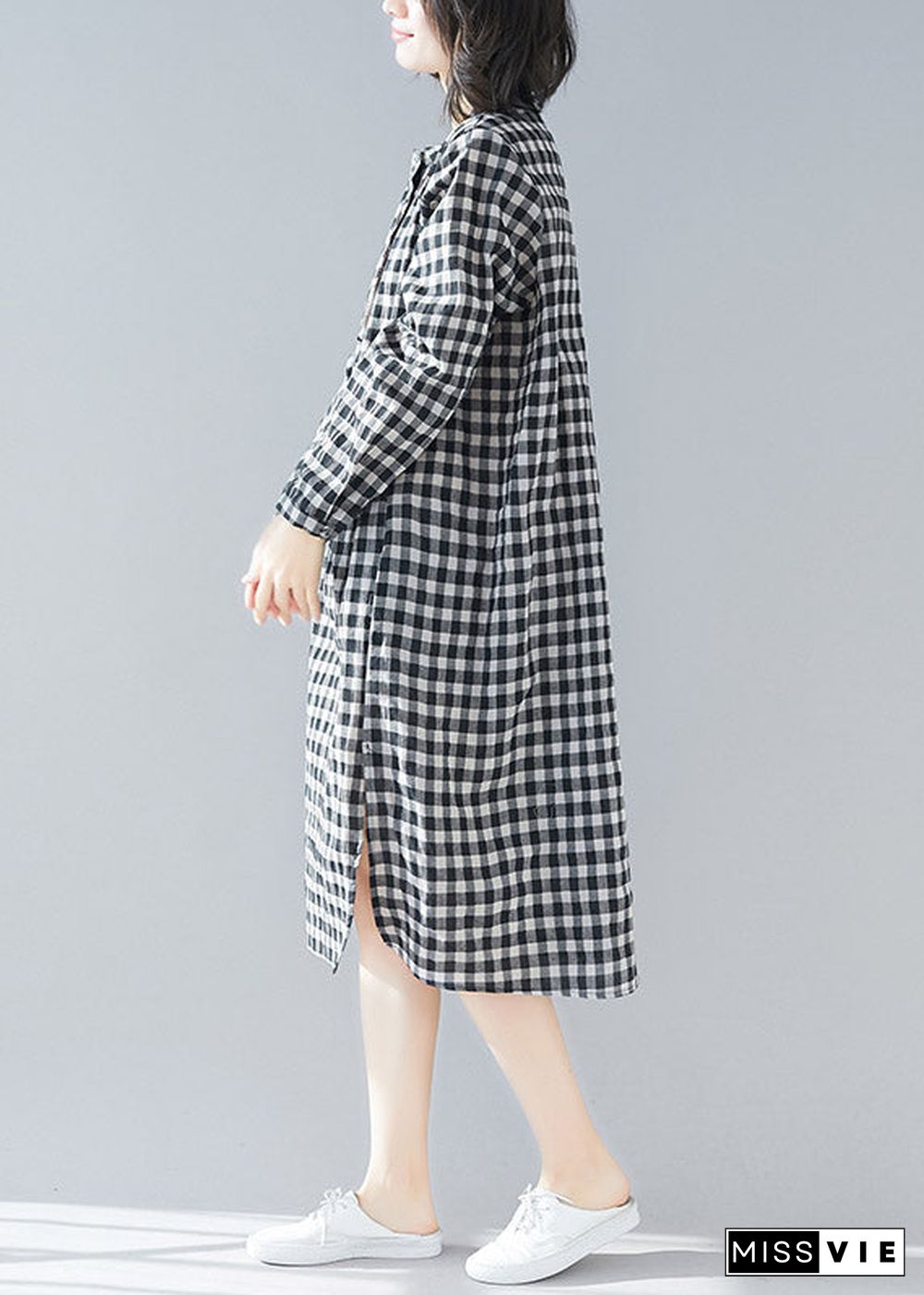 Plus Size Black White Plaid Stand Collar Pockets Side Open Linen Dresses Long Sleeve