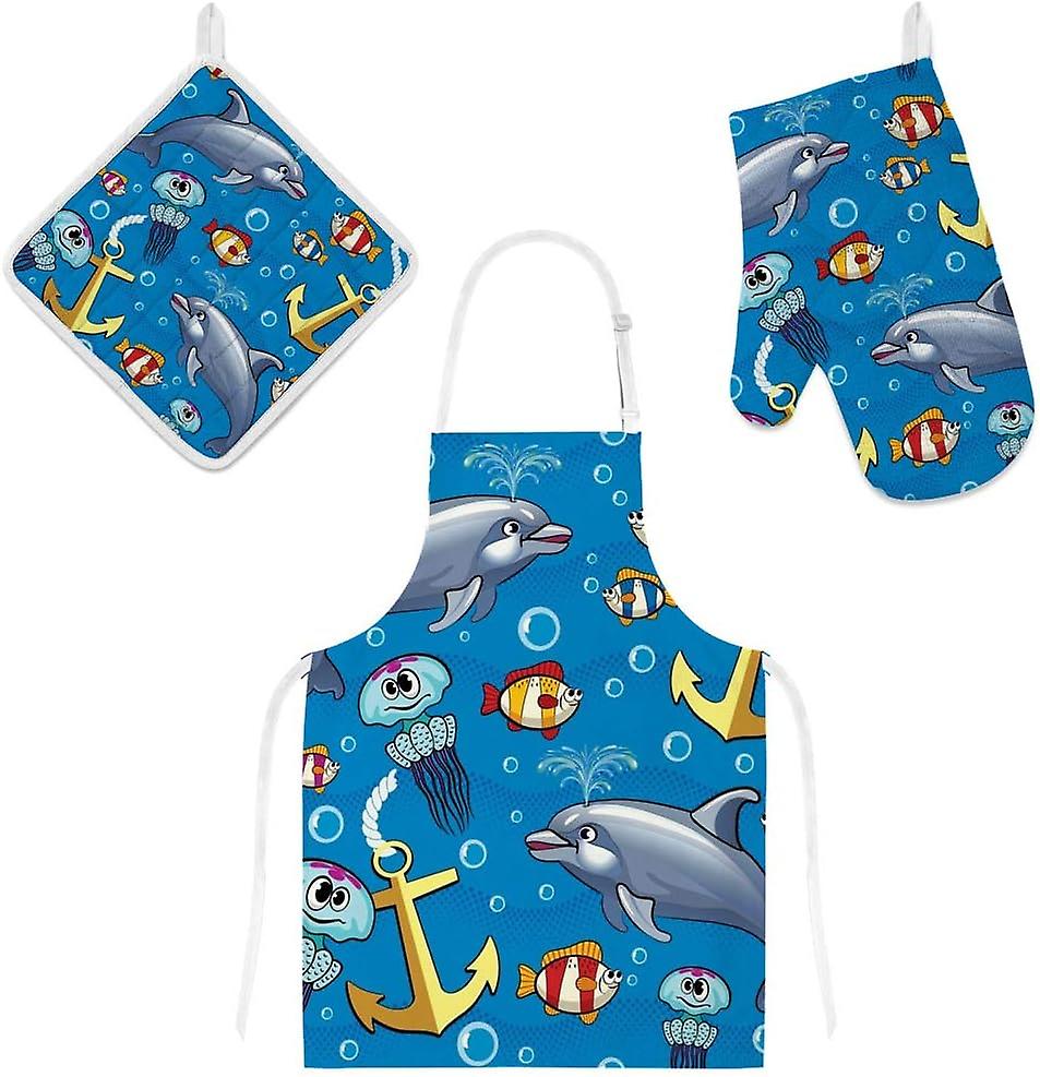 Kitchen Oven Mitts Glove Potholder Apron 3pcs Set Undersea Creatures Dolphins Non Slip Heat Resistant Mitts For Baking Cooking Bbq