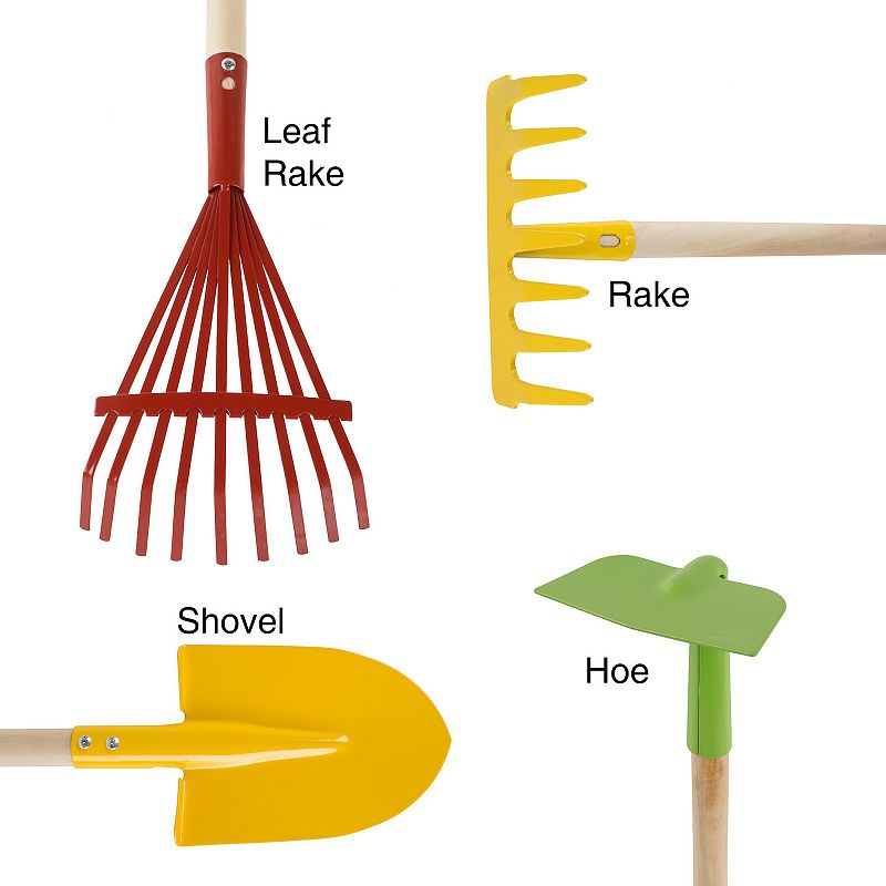 Hey! Play! Kid's Garden Tool Set with Child Safe Shovel， Rake， Hoe and Leaf Rake