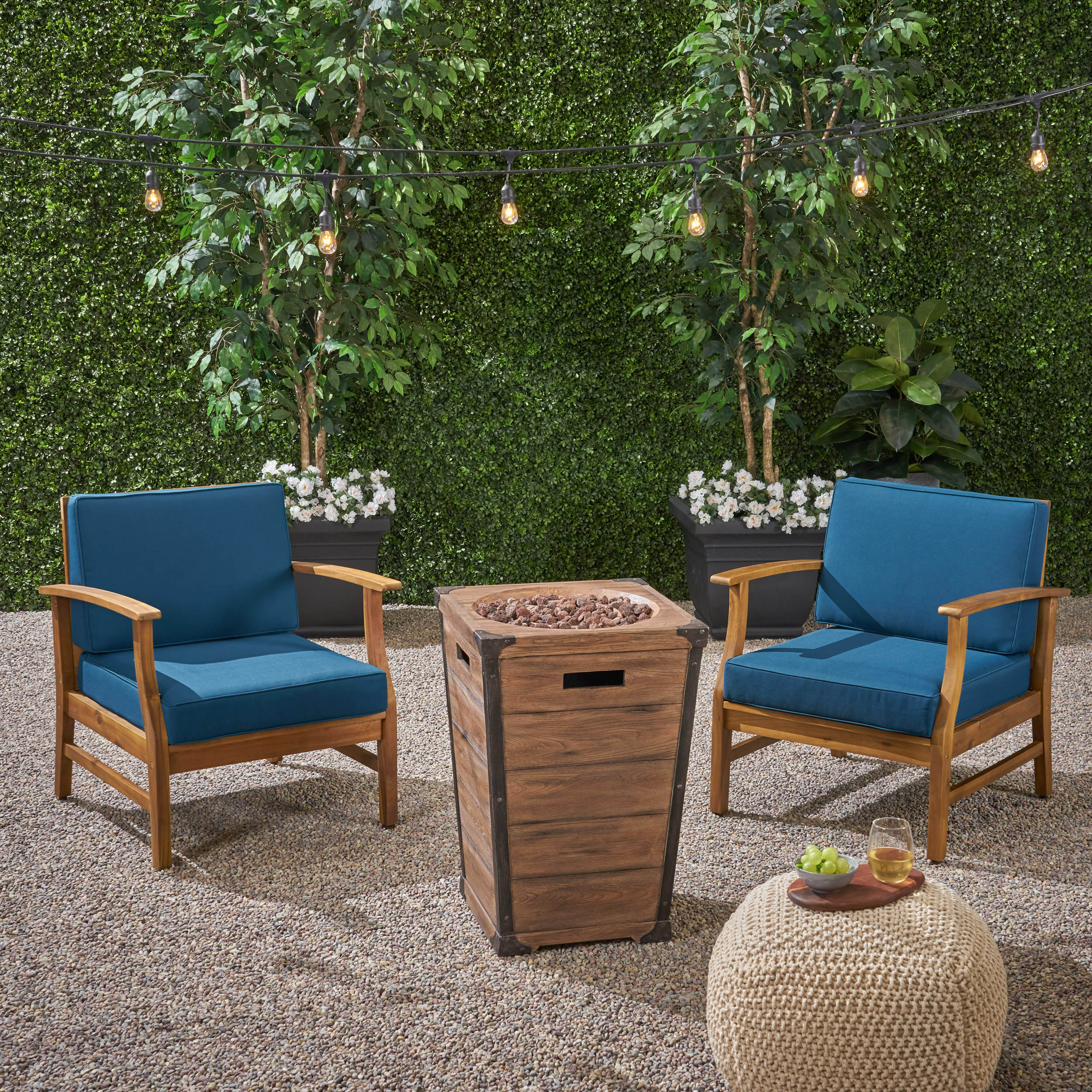 Capri Outdoor 2 Piece Acacia Wood Club Chair Set with Cushions and Fire Column