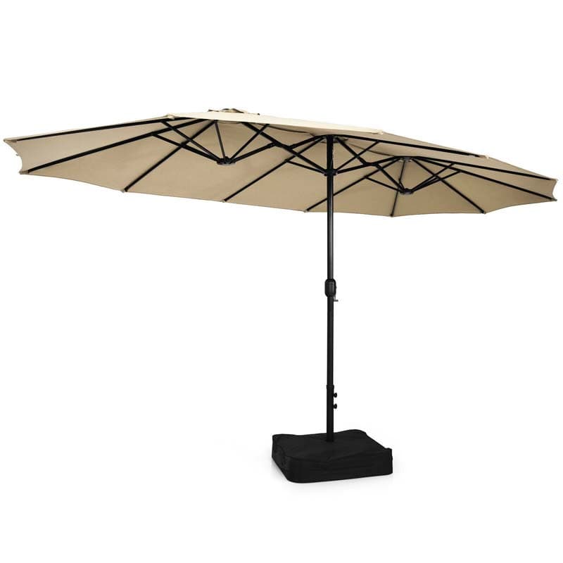 15FT Double-Sided Twin Patio Umbrella with Base & Crank System, Extra-Large Cantilever Market Umbrella