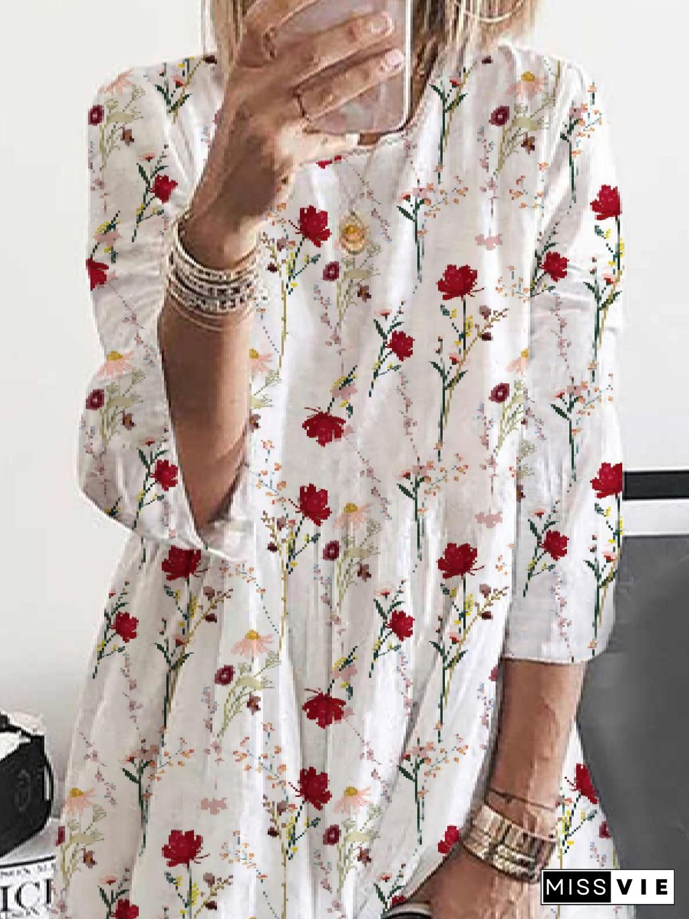 Casual Crew Neck Floral Loose Three Quarter Dresses