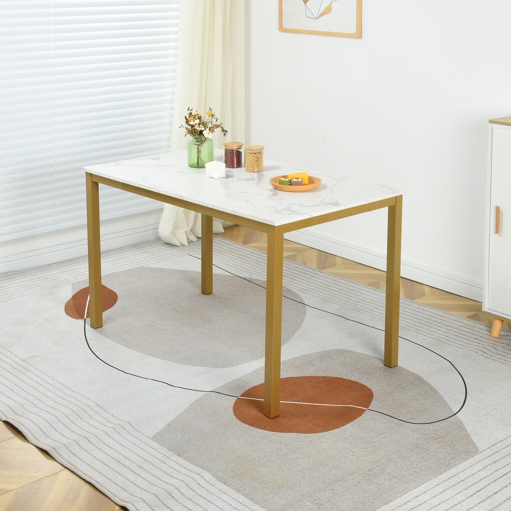 Homylin Gold Metal Dining Table with White Marble Top