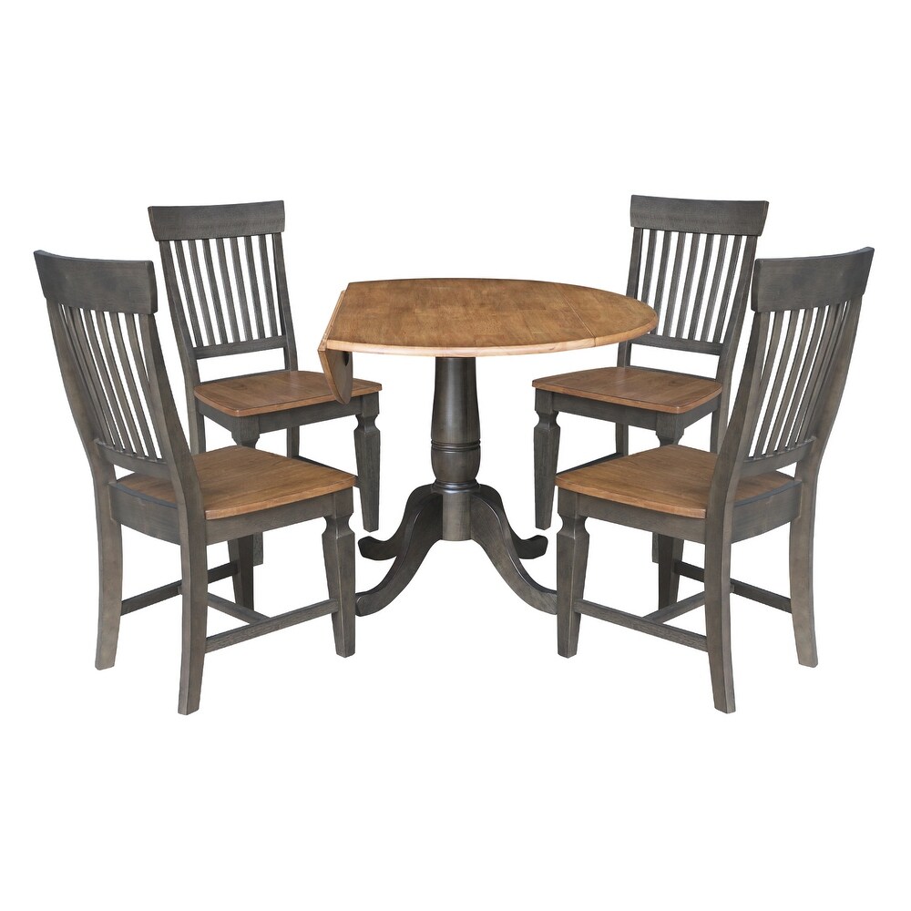 42 in. Round Dual Drop Leaf Dining Table with 4 Slatback Chairs   5 Piece Set   Hickory/Washed Coal