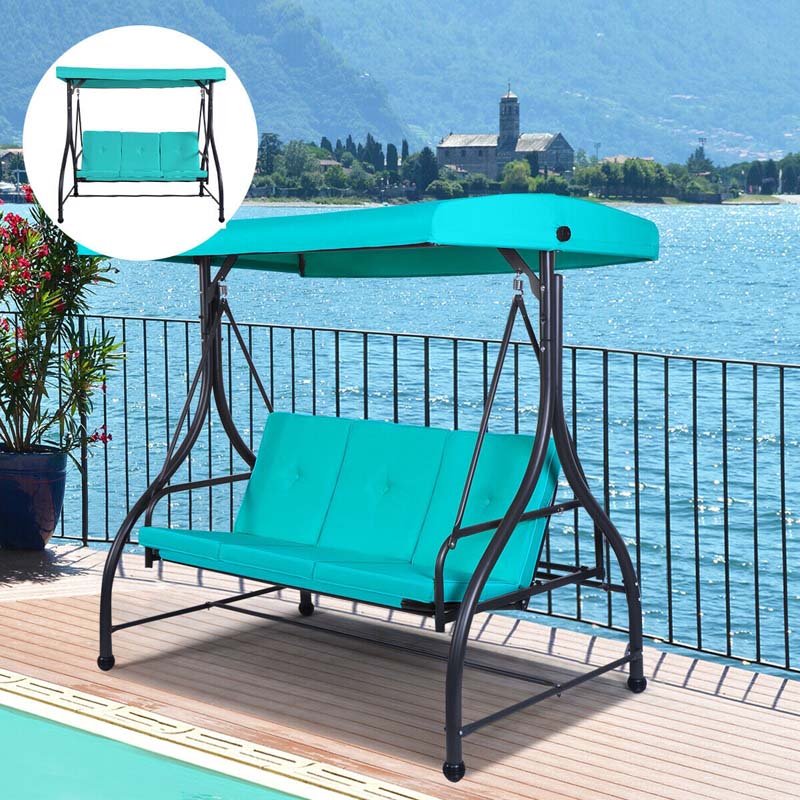 3-Seater Cushioned Metal Porch Swing with Adjustable Tilt Canopy, 2-in-1 Convertible Outdoor Patio Swing Chair Glider