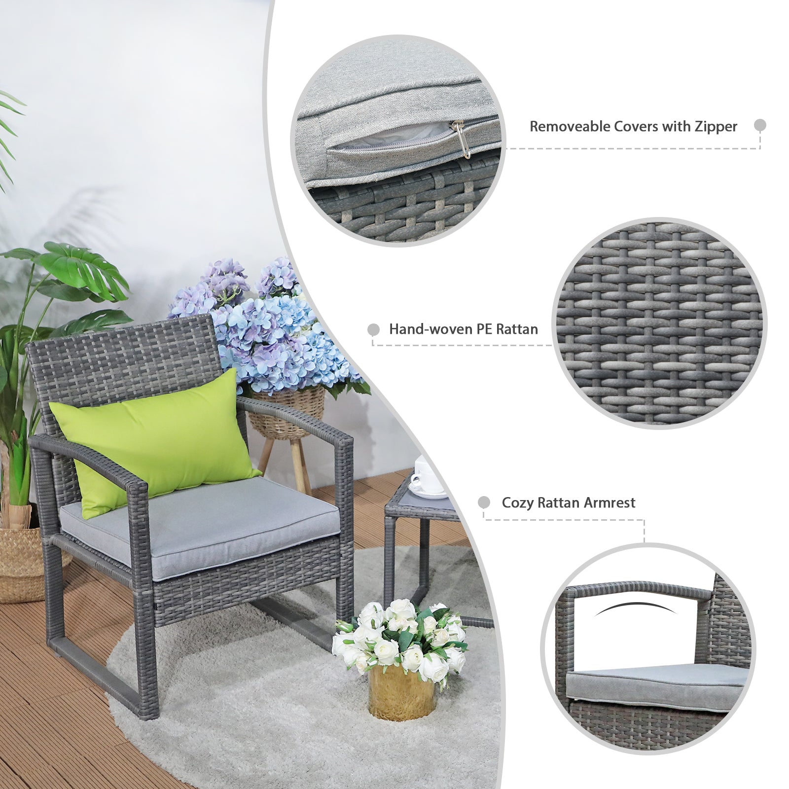 3 Pieces Patio Furniture Set, Outdoor Wicker Conversation Set, Patio Rattan Chair Set with Coffee Table, Modern Bistro Set for Garden Balcony Backyard Poolside, Light Grey