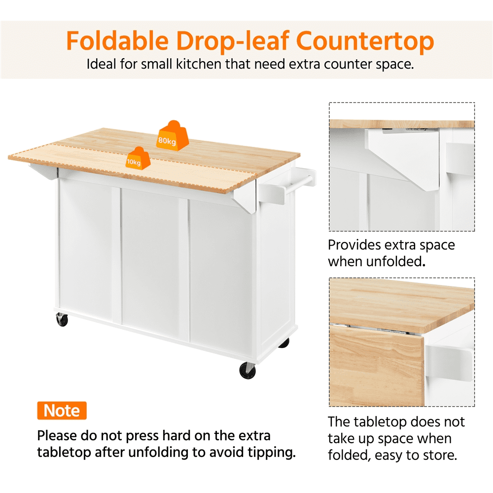 Topeakmart Wood Top Rolling Kitchen Cart Island with Storage Cabinet and 3 Drawers and Spice Rack， White