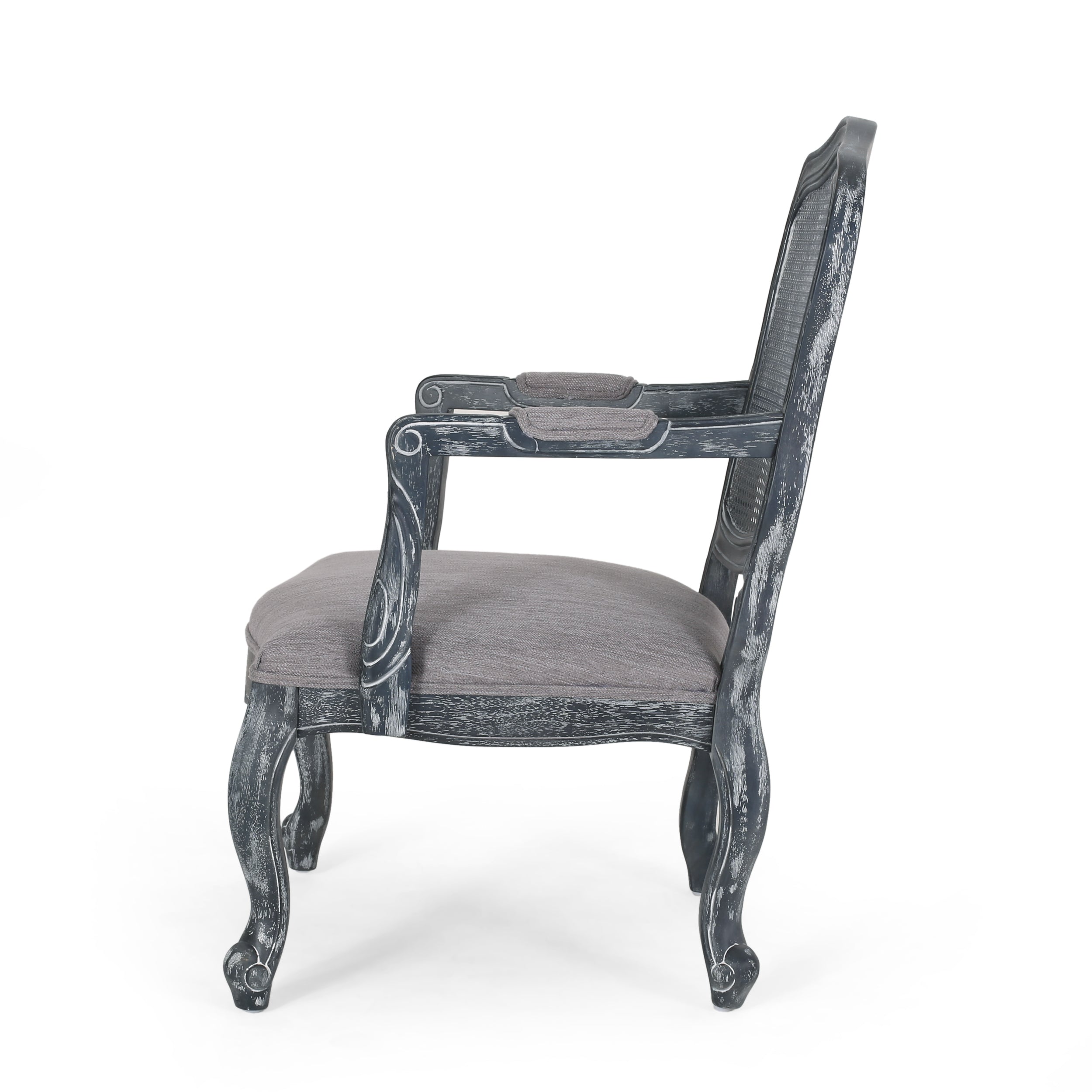 Biorn French Country Wood and Cane Upholstered Dining Armchair