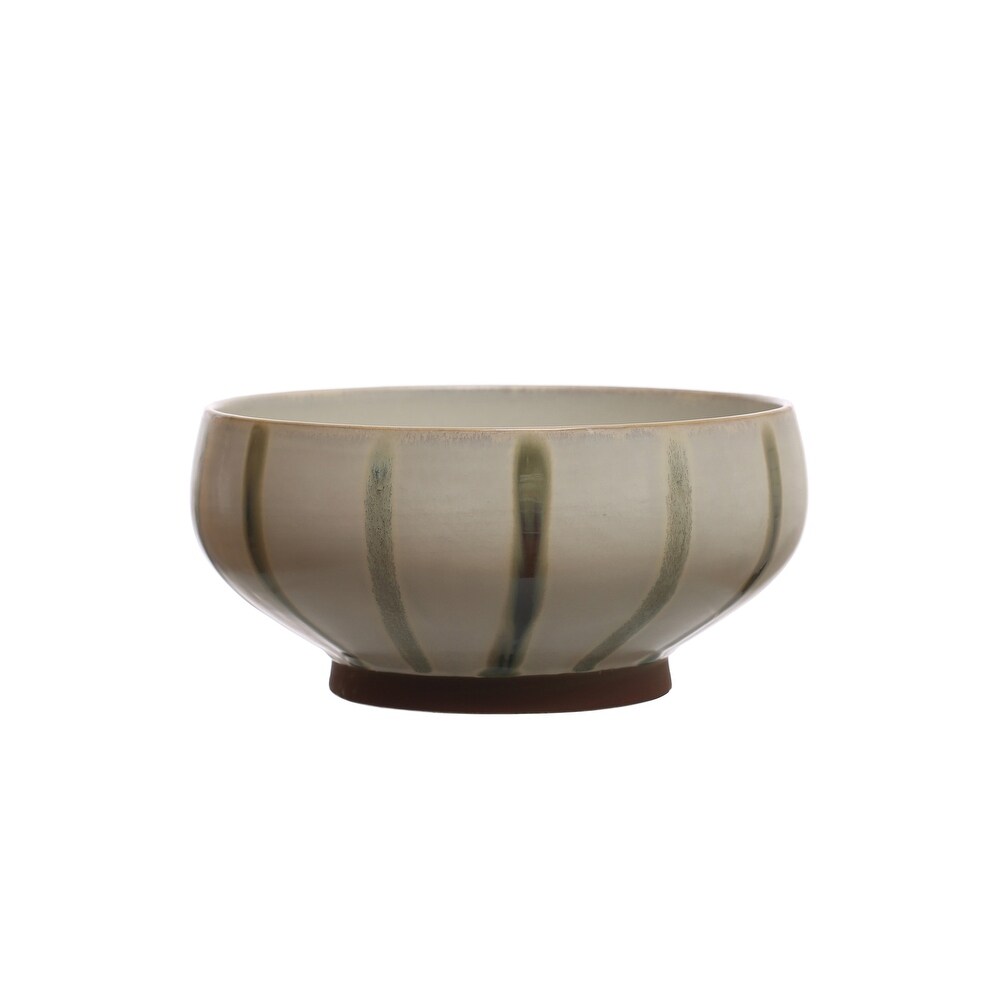 Hand Painted Stoneware Bowl with Stripes and Reactive Glaze   10.0\