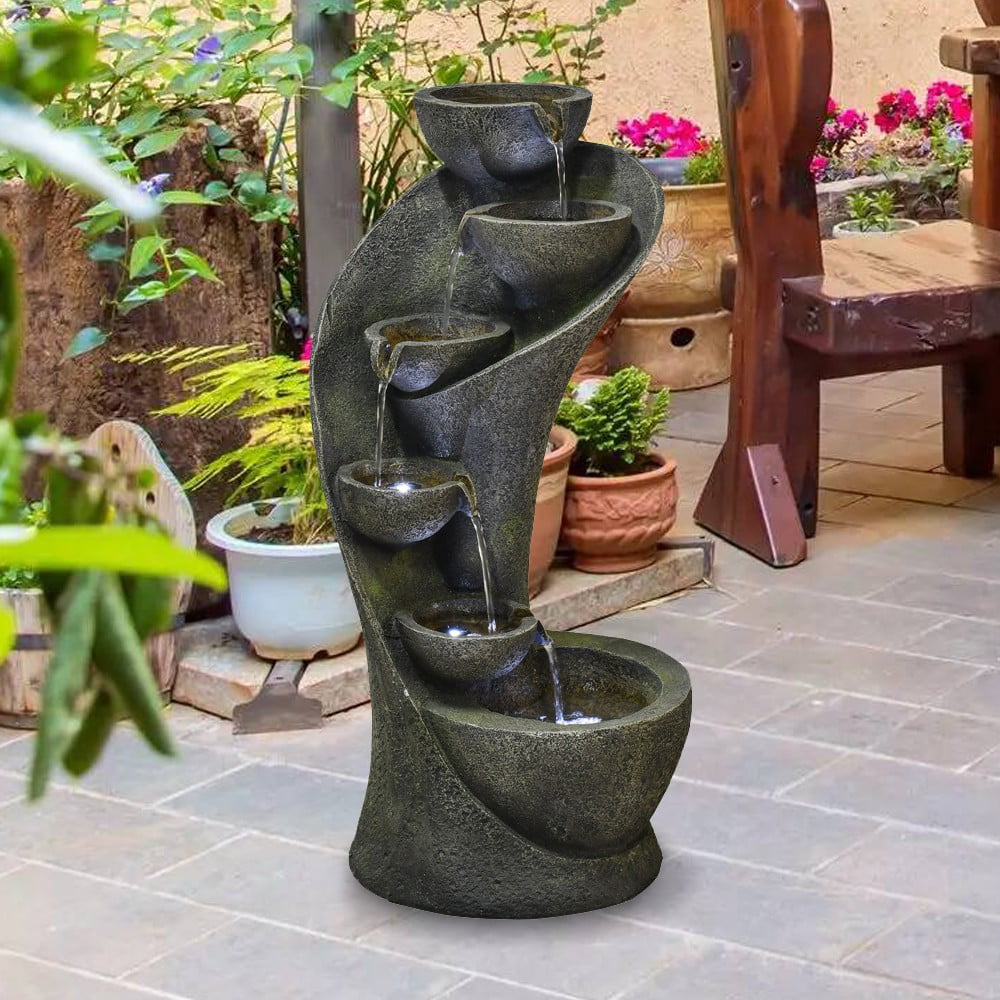 Willwolf Outdoor Curved Water Fountain with LED Lights， Electric Resin Waterfall Fountain for Garden Patio