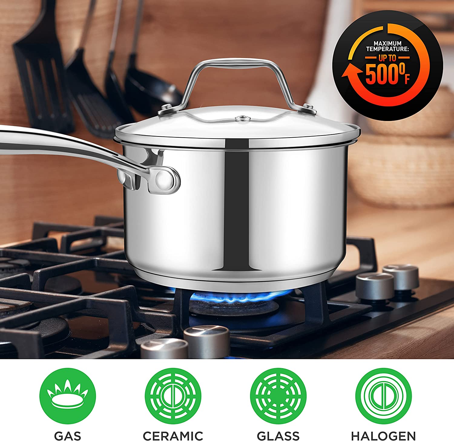 NutriChef 2-Quart Stainless Steel Saucepan - 18/8 Food Grade Heavy Duty Cookware， Sauce Pot， Stew Pot， Simmering Pot Kitchenware w/ See Through Lid， Dishwasher Safe， For Induction Gas Ceramic Cooktops