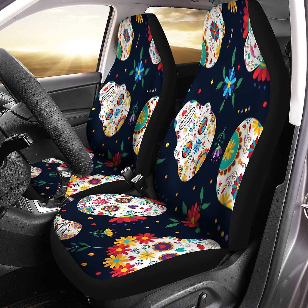 Set Of 2 Car Seat Covers Day Traditional Sugar Skull Flowers And Colorful Dead Universal Auto Front Seats Protector Fits