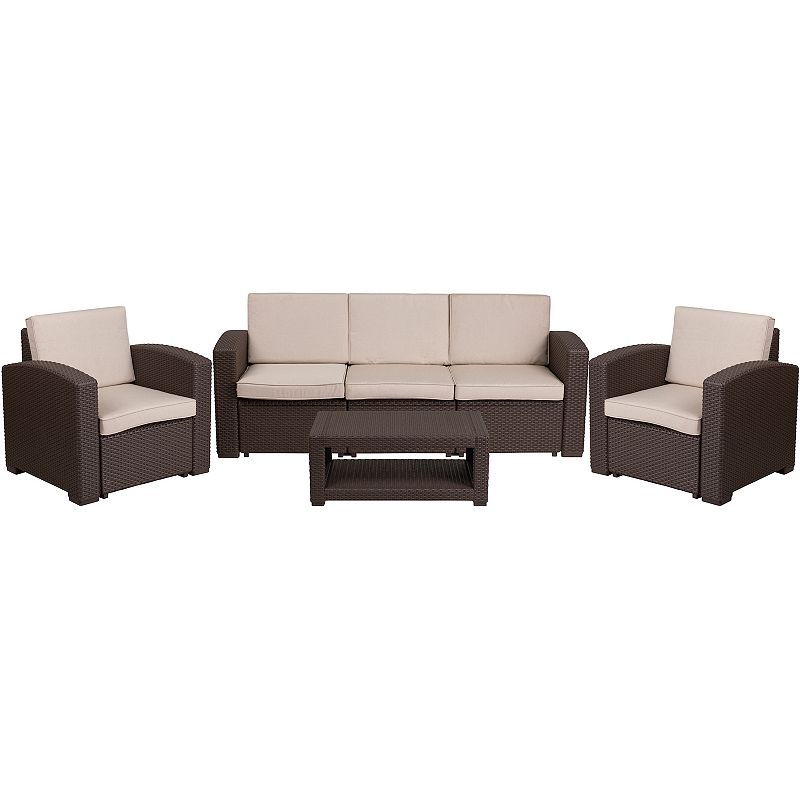 Merrick Lane Errol 4 Piece Faux Rattan Patio Furniture Set with 2 Chairs and Sofa with Removable Beige Cushions and Table