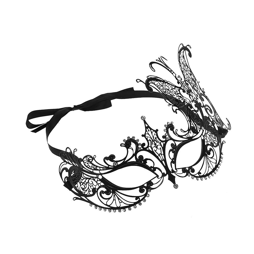 Black Festnight Luxury Butterfly Design Black Laser Cut Metal Half Mask With Rhinestones Masquerade Ball Halloween Mask