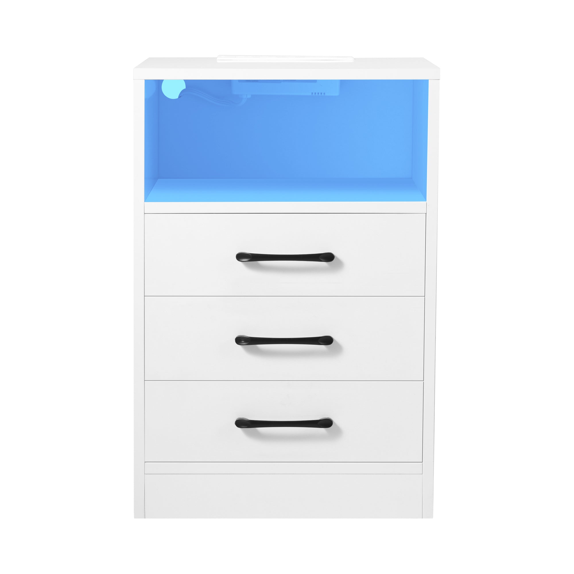 Docooler Nightstand with 3 Drawers and Cabinet,USB Charging Ports, Wireless Charging and Remote Control LED Light-White