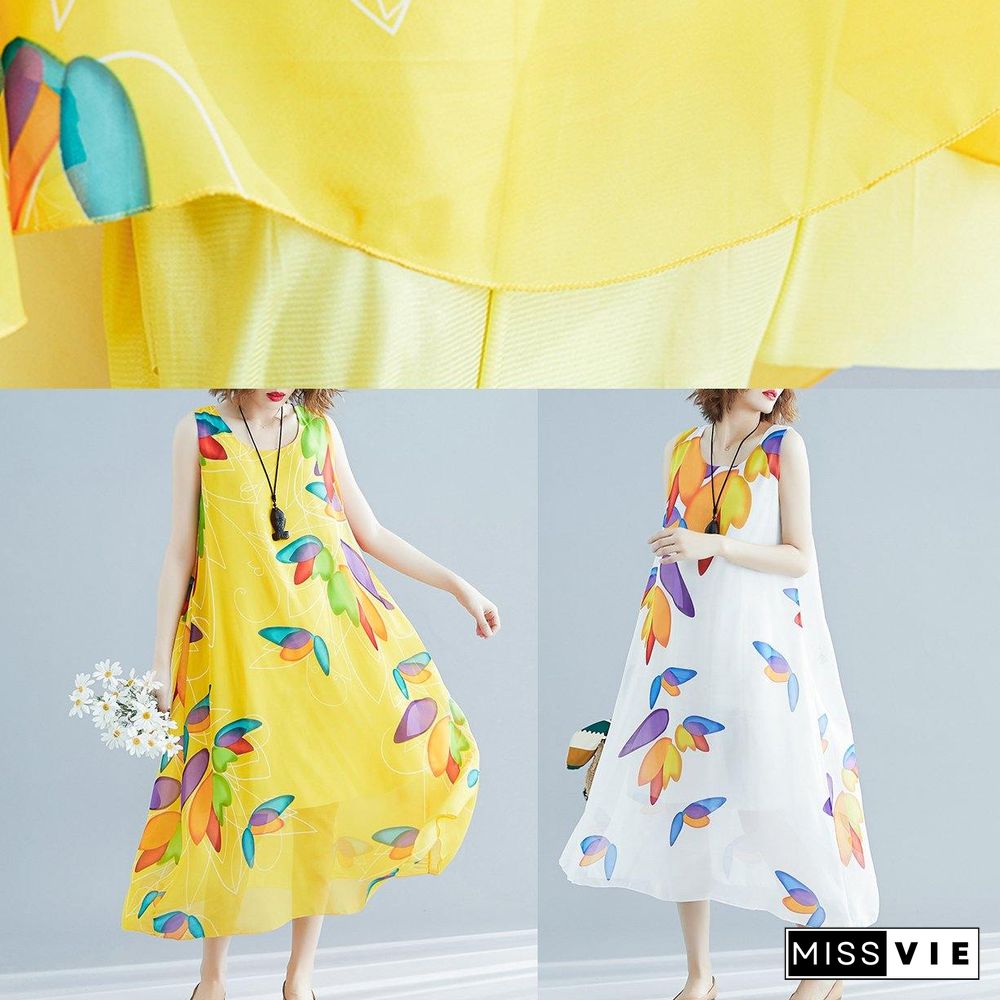 Beautiful yellow print chiffon Robes Korea Tutorials o neck false two pieces long Summer Dress