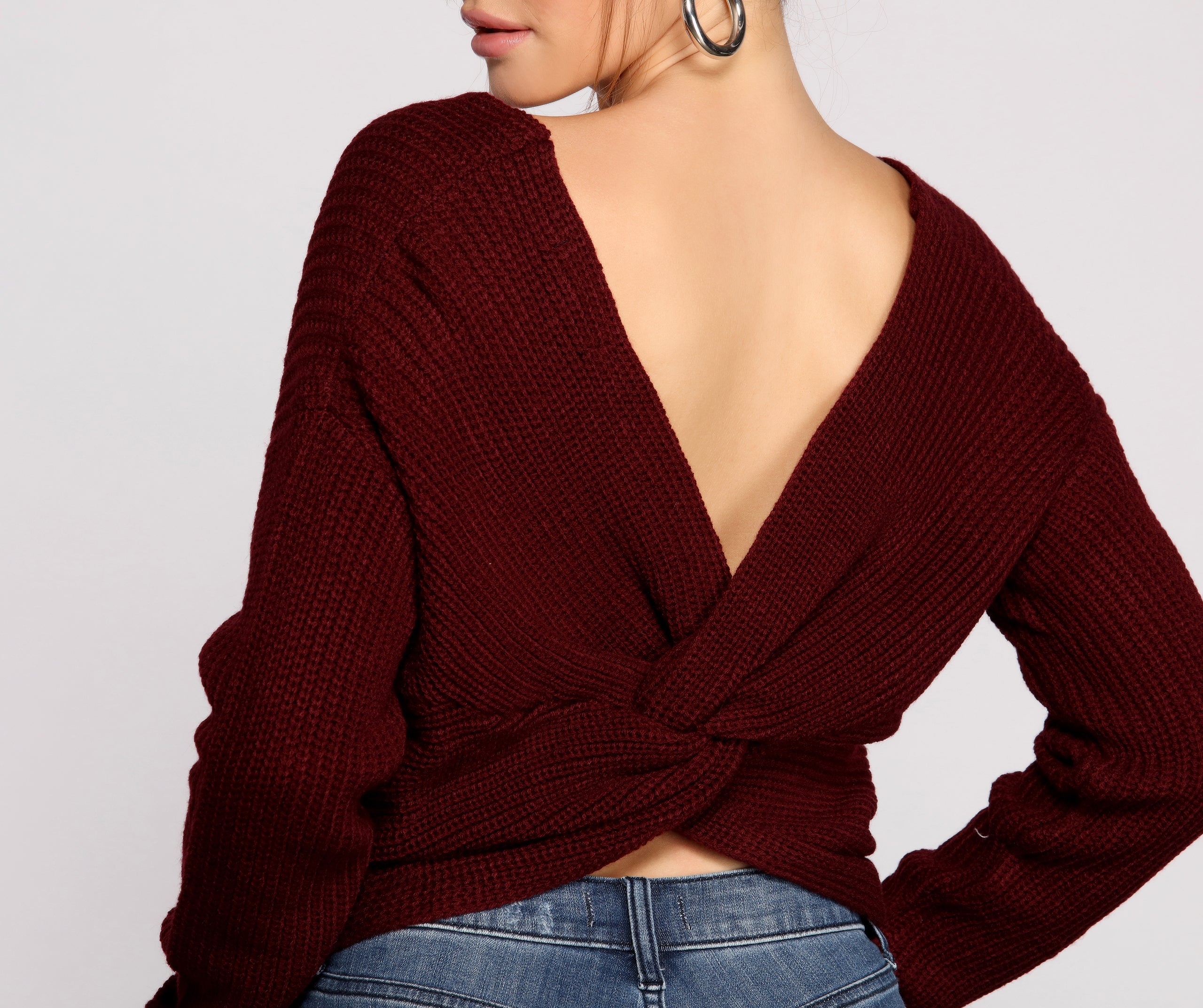 Trendy Knot Back V Neck Sweater