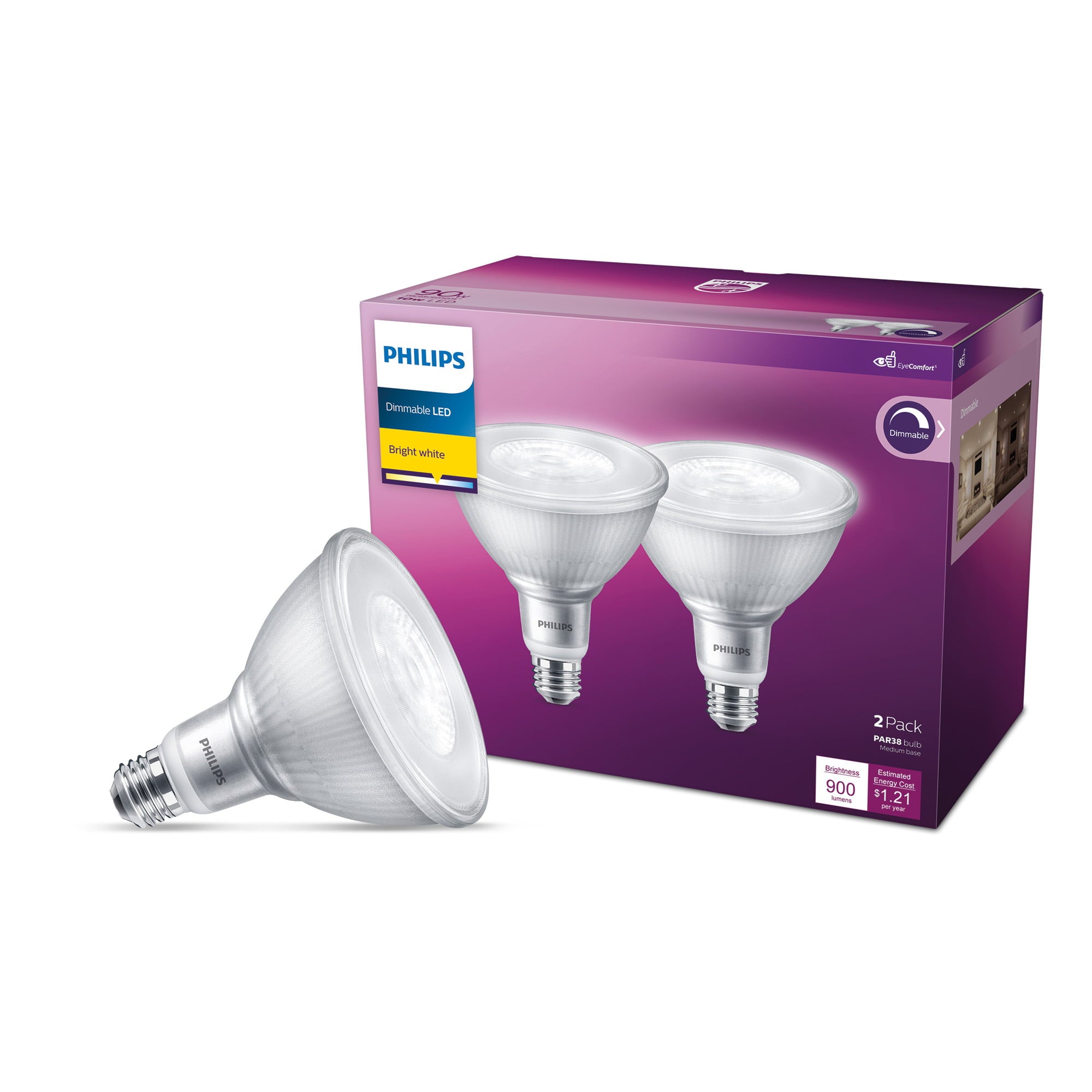 Philips LED 90-Watt PAR38 Indoor/Outdoor Floodlight Light Bulb， Bright White， Dimmable， 40 º Beam Spread， E26 Medium Base (2-Pack)