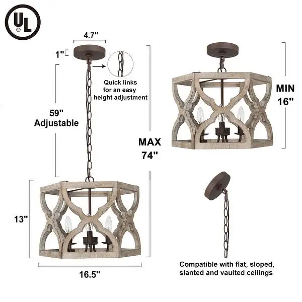 Woodly Farmhouse 3-Light Wood Chandelier Lantern Island Lights for Dining Room - 16.5