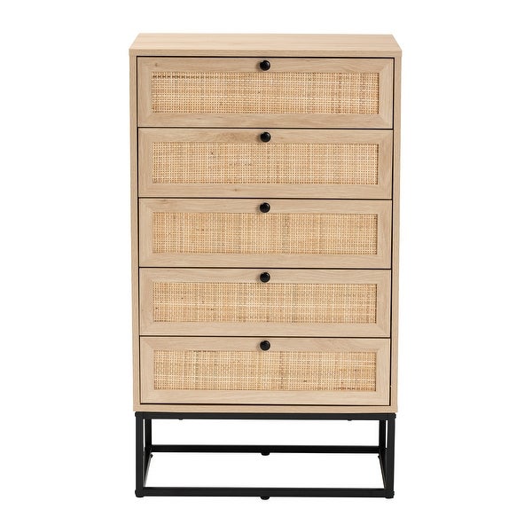 Amelia Mid-Century Modern Transitional Natural Brown Finished Wood and Natural Rattan 5-Drawer Storage Cabinet - - 36620824