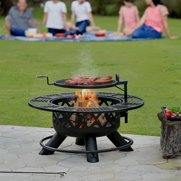 Steel Ranch Wood Burning Fire Pit Round Outdoor Fireplace With Adjustable Grill Top Safety Ring And Cooking Grate Black