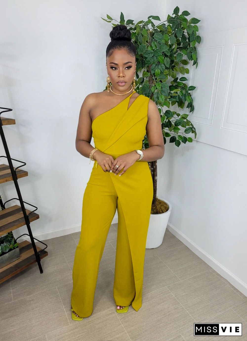 Elegant One Shoulder High Waist Straight Jumpsuit