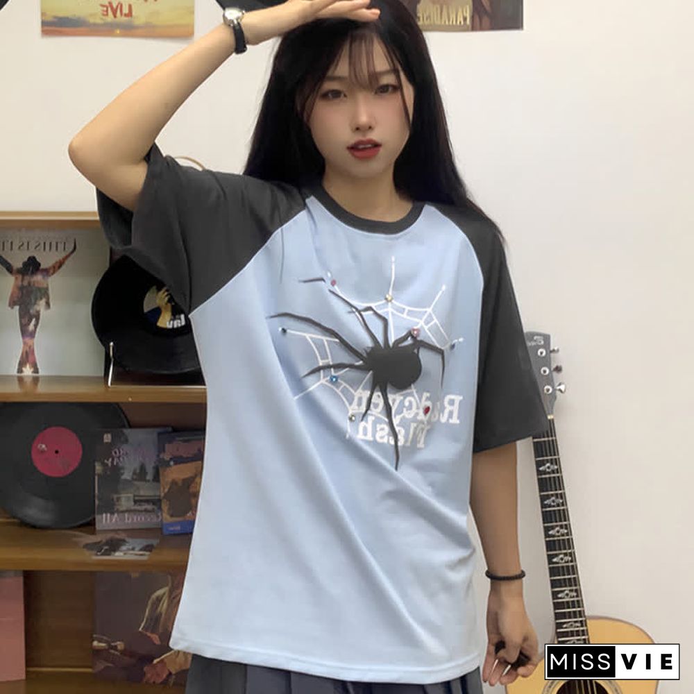 Letter Spider Print Round Collor Colorblock T-Shirt