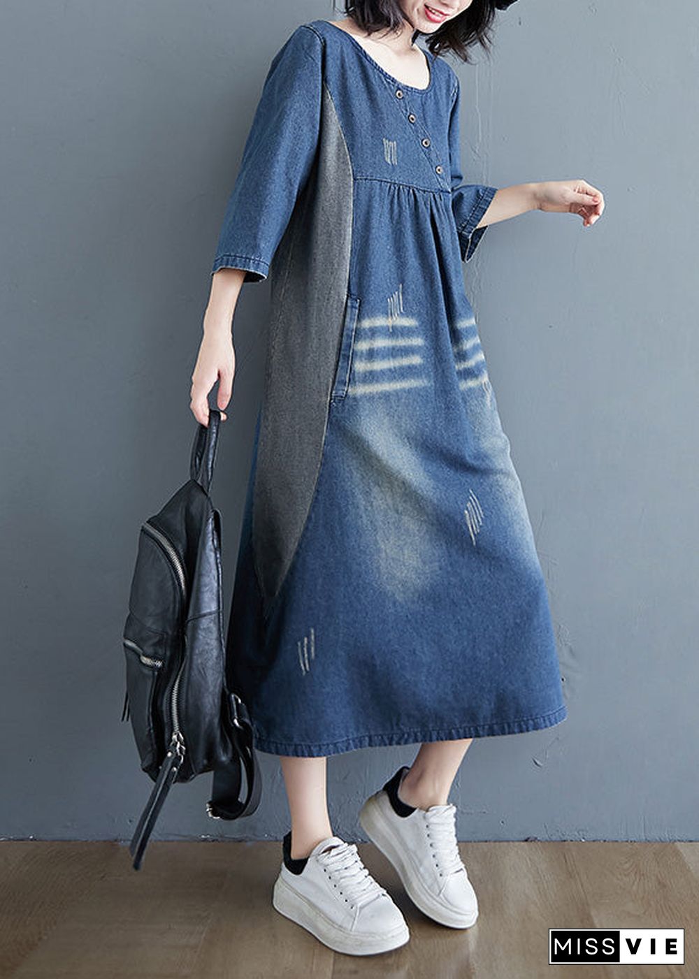 Simple Blue O-Neck Patchwork Wrinkled Denim Long Dress Spring