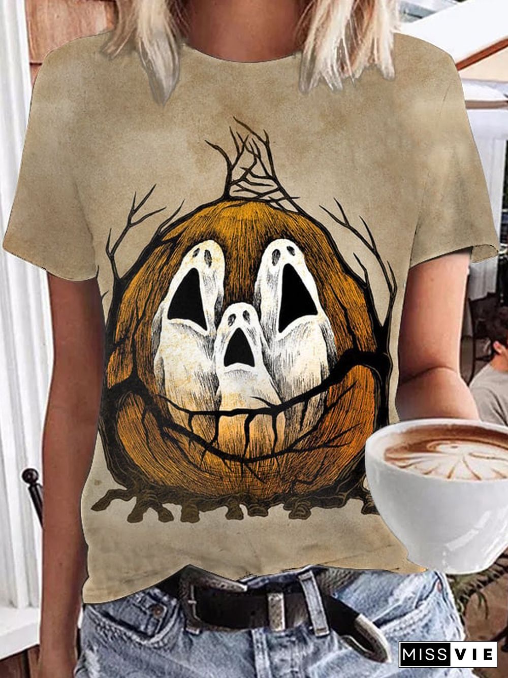 Women's Halloween Cute Pumpkin Ghost Print T-Shirt