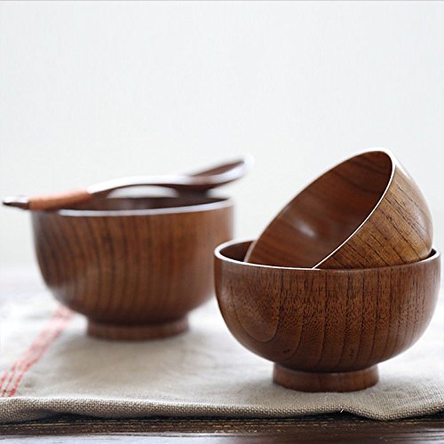 Set of 2 Japanese Style Solid Wood Bowl Children Kids Baby Serving Tableware for Salad Rice Miso Soup Fruits Decorative Display gifts， single bowl