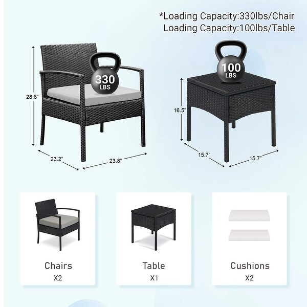 Outdoor Furniture 3 Piece Patio Bistro Furniture Set，Rattan Conversation Chairs Set with Side Table and Cushions