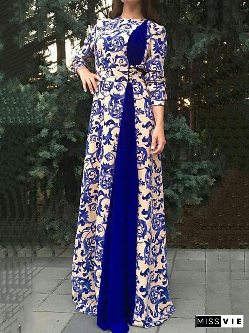 Women's Maxi long Dress - 3/4 Length Sleeve Paisley Patchwork Print Fall Winter Plus Size Hot Elegant Black Blue Red Brown S M L XL XXL 3XL 4XL 5XL