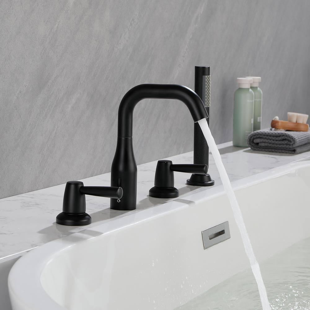 WELLFOR 3-Handle Deck-Mount Roman Tub Faucet with Hand Shower in Matte Black WK0506