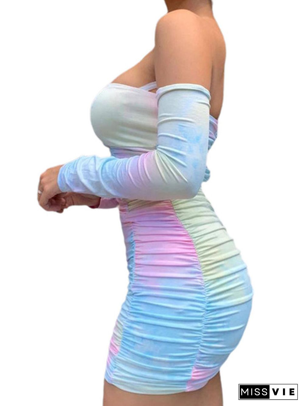 Women Sexy Long Sleeve Off Shoulder Tie-dye Print Dress Fashion Dress for Women Ladies