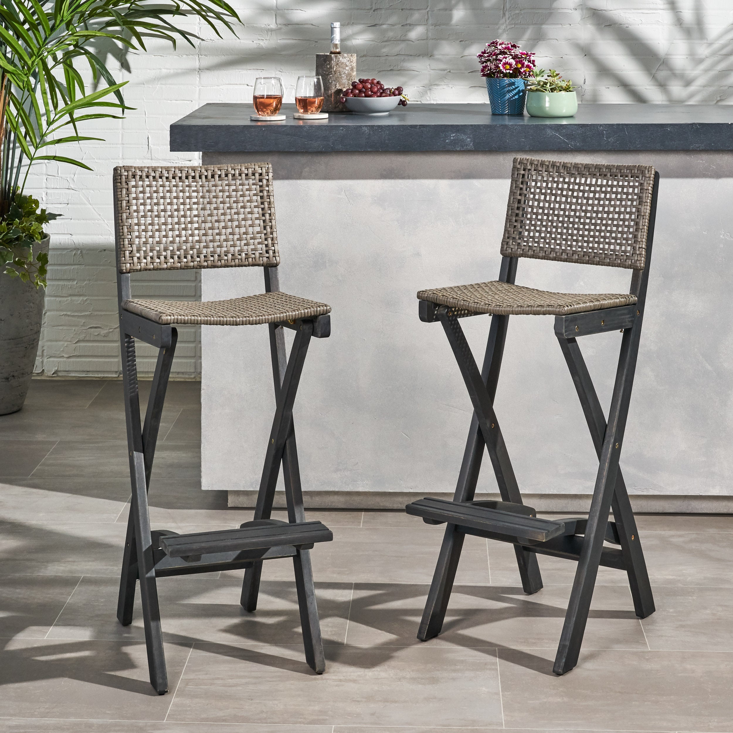 Teresa Outdoor Folding Acacia Wood Barstools (Set of 2)