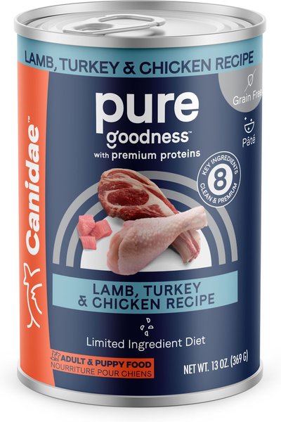 CANIDAE PURE All Stages Grain-Free Limited Ingredient Lamb， Turkey and Chicken Recipe Canned Dog Food， 13-oz