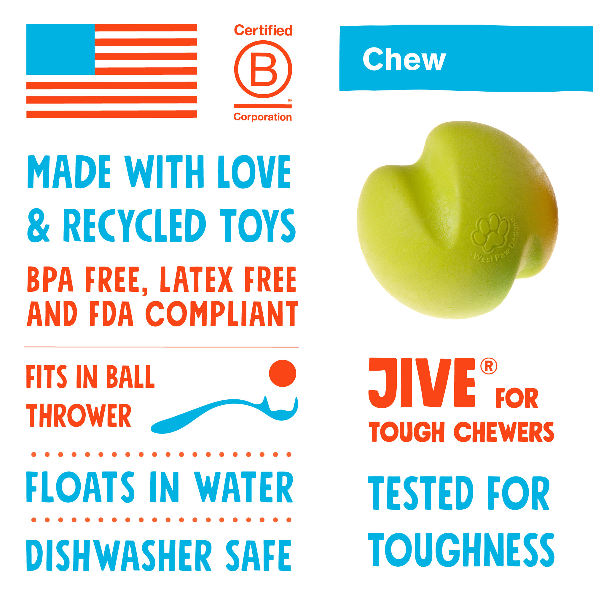 West Paw Jive Ball Assorted Dog Chew Toy， X-Small