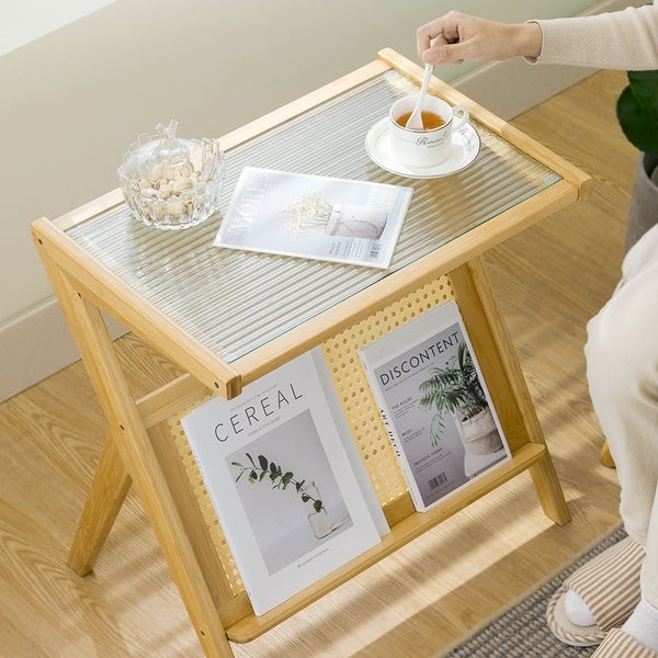 Bamboo Glass-top End Table with Rattan-like Magazine Rack