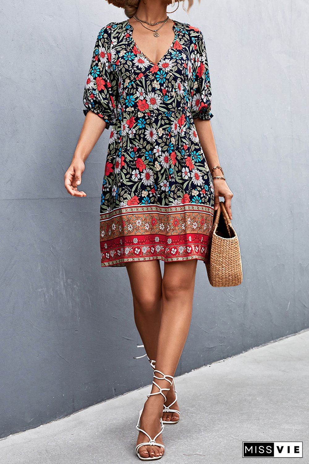 Floral Print V Neck Bohemia Style Mini Dress Wholesale