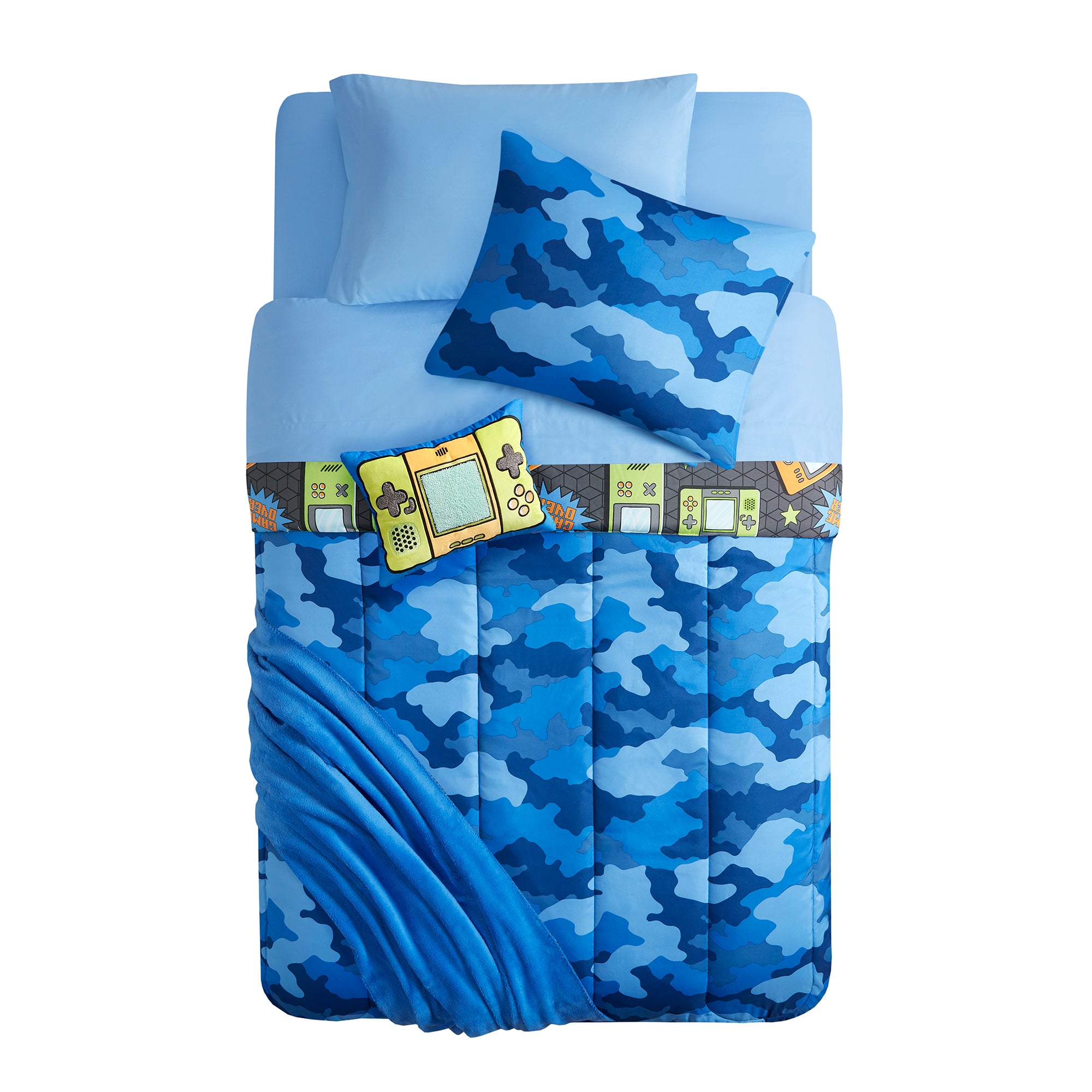 Here I Grow Gamer Print Reversible 9 Piece Comforter Bed in a Bag， Grey/Blue， Twin/TXL