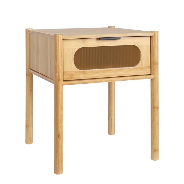 Natural Bamboo Square End Table Sofa Side Table 1 Drawer Nightstand/Bedside with Strip Shape Sun Panel Decoration